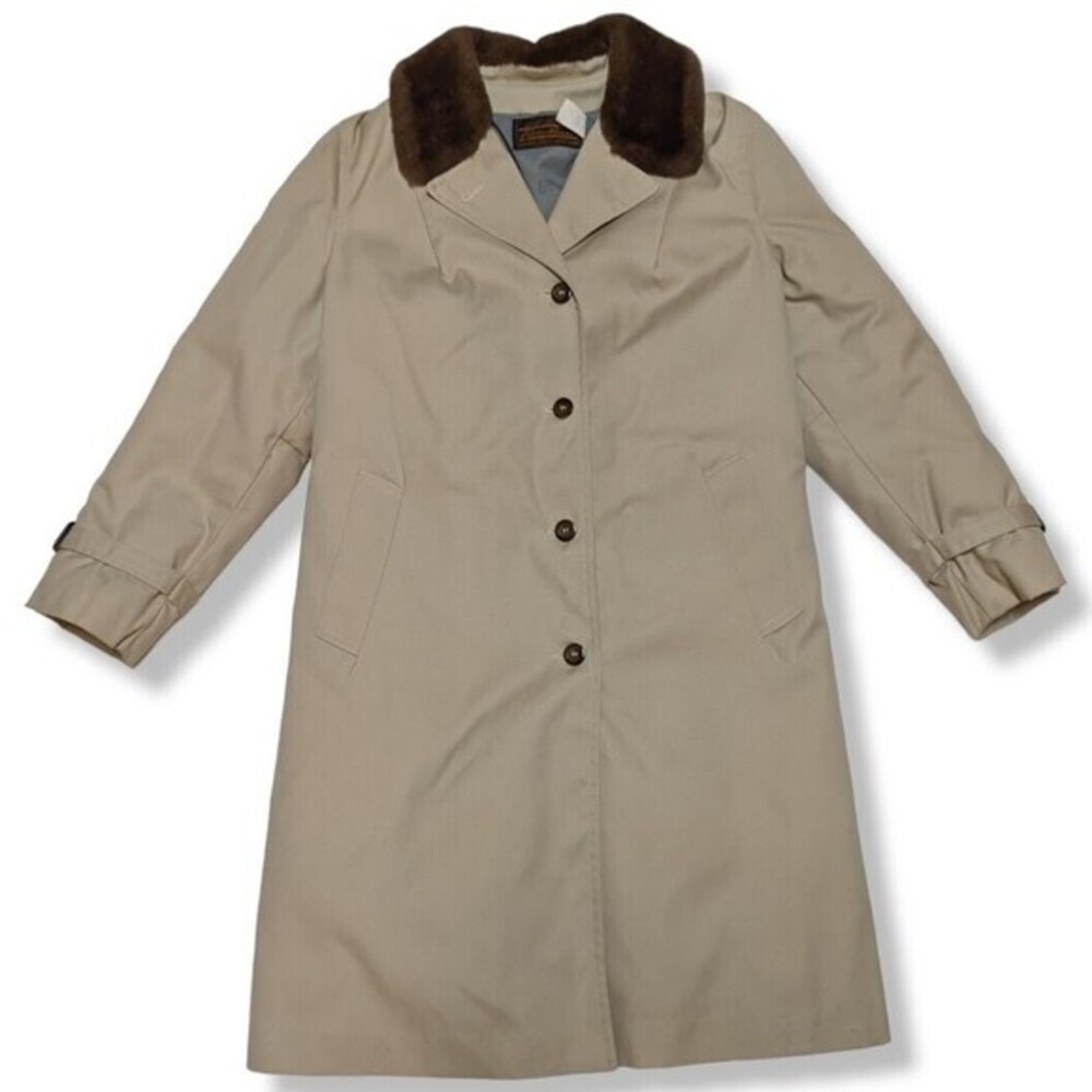 Vintage Eddie Bauer Womens Trench‎ Coat Faux Fur Collar Made USA Black Tag